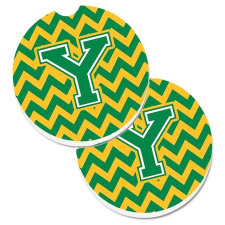 Carolines Treasures Letter Y Chevron Green and Gold Set of 2 Cup Holder Car Coaster CJ1059-YCARC